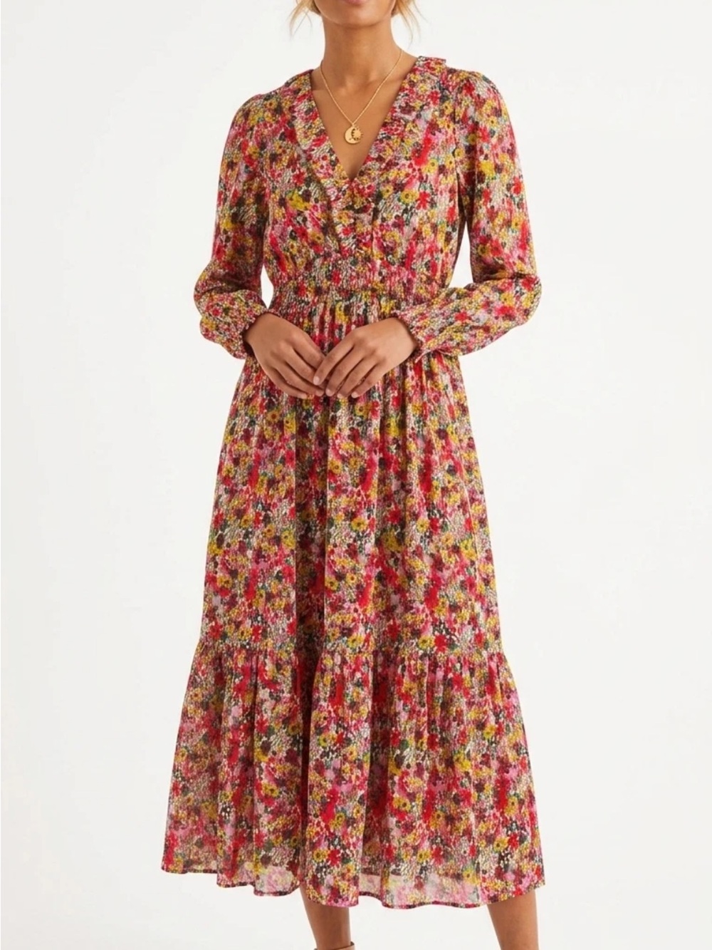 Boden Floral Ruffle Maxi Dress Pink Multicolor Smocked Waist US 10R UK 14R